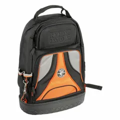 Polyester tool backpack in black with a fully-molded bottom for durability. Features 35 inside pockets for organized storage of hand tools, meters, and accessories. Dimensions: 14 1/2 in width, 7 1/4 in depth, 20 in height.