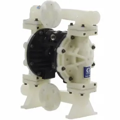 This GRACO air-operated double-diaphragm pump features a polypropylene housing, 1-inch flange connection, and a flow rate of 50 gpm. The seat material is polypropylene, and the check valve material is PTFE. Typical applications include transfer of corrosive or abrasive fluids in chemical processing, water treatment, and industrial settings.