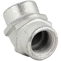 This 45° elbow is made of iron with an electroplated finish. It has 3/4 in FNPT female-to-female NPT connections on both ends. Used in conduit systems to change direction of rigid metal conduit.
