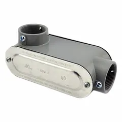 This die cast zinc LR/LL body is a 90° elbow type conduit outlet body with a 1 1/2 in trade size and threaded hub. The zinc electroplate finish provides corrosion resistance. It is used in electrical conduit systems to provide access for wire pulling, splicing, and maintenance, connecting to junction boxes or enclosures.