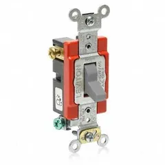 This LEVITON toggle wall switch is a 3-way, maintained type rated for 120/277V AC and 20 A. It is non-illuminated and features a gray finish. Suitable for controlling lighting or other loads from two locations in commercial and industrial circuits.