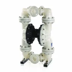 This GRACO air-operated double-diaphragm pump features a polypropylene housing, 3-inch flange connections, and a PTFE diaphragm. It delivers up to 260 gpm and is equipped with a PP seat and PTFE check valves. Suitable for transferring corrosive or abrasive fluids in industrial processing, water treatment, and chemical handling applications.