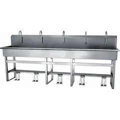 Five-station freestanding wash station with faucets, constructed from 16-gauge material. Bowl length 97 inches, depth 8 inches, flow rate 2 gpm. Side splash not included. Suitable for high-traffic commercial or industrial handwashing applications.