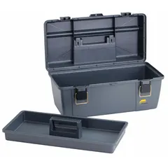 Gray plastic tool box with a single compartment and integrated padlock. Measures 20-1/4 inches wide, 11 inches deep, and 9 inches high. Suitable for storing and transporting hand tools and accessories in workshops, job sites, and home garages.
