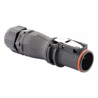 Circular connector plug with cable gland for harsh environments. Push-pull coupling, male contacts (3 + ground), rated 16 A and 500V (IEC). IP69K sealed; accepts 30-24 AWG coaxial wire. Contacts not included