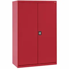 Stationary welded steel cabinet with red powder-coated finish. Includes four adjustable shelves, recessed handles, and a keyed lock. Frame base, 22 ga panel thickness. Suitable for organized storage of tools, parts, and supplies in industrial environments.