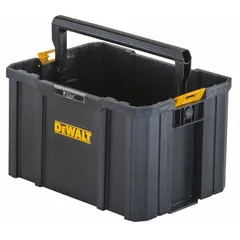 This plastic storage tote is part of the DEWALT TSTAK modular system, designed for organizing and transporting tools and equipment. It measures 12 1/2 in W x 12 1/2 in D x 10 3/4 in H and is black. The unit integrates with other TSTAK components for stackable, interlocking configurations in workshops, job sites, and industrial facilities.