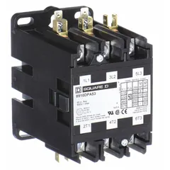 Three-phase non-reversing definite purpose contactor with 3NO main pole contact form. Rated 50 A at 480V AC, maximum 600V AC. Coil voltage 440/480V AC. Terminals are quick-disconnect type. Suitable for switching motor loads in HVACR and industrial equipment.
