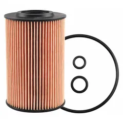 Cartridge oil filter element for Volkswagen vehicles. Cellulose media. 4 in overall height, 2 9/16 in outside diameter. Includes (5) O-rings.
