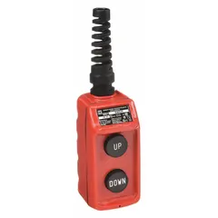 This SQUARE D pendant station features two momentary push buttons with Up/Down legend, configured as 2NO. The thermoplastic enclosure meets NEMA 1/3/3R/4/4X ratings, suitable for indoor and outdoor use. AC and DC contact ratings are 5 A at 600 V. The dead-end hub style allows for flexible cable entry. Commonly used for remote control of cranes, hoists, and conveyors.