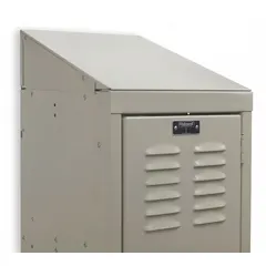 Steel sloping top panel designed for 18-inch wide and 24-inch deep standard lockers. Creates a sloped surface to discourage stacking items on top, enhancing safety and cleanliness in locker areas.
