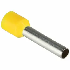 Insulated ferrule for terminating stranded wire into terminal blocks. Yellow nylon insulation, 0.15 in ferrule diameter, holds 1 wire. Used in control panels and electrical installations to prevent fraying and ensure secure connections.
