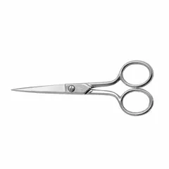 All-metal scissors with 5-inch overall length, straight steel blades, and pointed tip. Silver finish. Ambidextrous design suitable for both left- and right-handed users. Used for cutting threads, fabrics, and light materials in sewing and textile work.