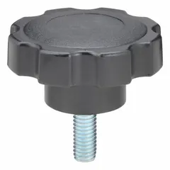 This 8-arm knob features a plastic body with a steel thread insert for corrosion resistance. The threaded stud measures 3/8"-16 by 1 inch long. Used for manual clamping, positioning, and adjustment on industrial machinery, jigs, and fixtures.