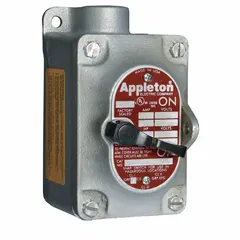 This one-gang front lever tumbler switch is a 2-pole, 20 A device rated for 277 V AC. It features a dead-end hub with a 3/4 in hub size for secure conduit mounting. Typical applications include on/off control of lighting or equipment in industrial environments where manual switching is required.