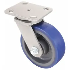 This medium-duty swivel plate caster features a 4-inch diameter, 2-inch wide polyurethane wheel with a blue tread and ball bearings. It uses a slot mounting type and has no brake. Commonly used on carts, racks, and light machinery in industrial settings.