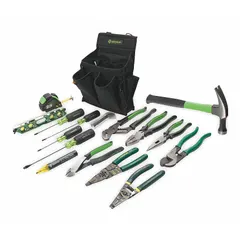 This 16-piece tool set includes a wire crimper, two Phillips screwdrivers, and tongue and groove pliers, all stored in a tool pouch. Sizing is SAE with a piece range of 11 to 19. Suitable for electrical installation, maintenance, and repair tasks in commercial and industrial settings.