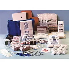 Portable canvas first aid kit in red housing, designed for general-purpose use. Serves up to 50 people with 37 components including 100 butterfly wound closures, 6 arm splints, and 2 sodium chloride bottles. No oral or inhalant medication included. Suitable for workplace or facility emergency response.