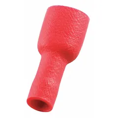 Red vinyl fully insulated female quick disconnect socket for 22 AWG to 16 AWG wire. Full coverage insulation protects against short circuits and accidental contact. Used for temporary electrical connections in control panels, appliances, and automotive wiring.