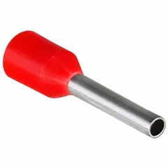 Insulated ferrule for terminating stranded wire ends. Red nylon insulation. Ferrule diameter 0.07 in. Holds 1 wire. Used in control panels, terminal blocks, and industrial electrical connections to prevent fraying and ensure secure connections.