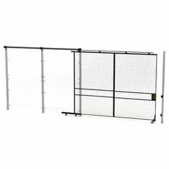 This woven-wire partition component serves as a sliding door for walk-through access in industrial enclosures. It measures 8 ft high by 10 ft wide by 1 3/4 in deep and is constructed of powder-coated steel in a black finish. The quick-assemble design facilitates installation in storage and warehouse settings.