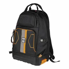 Polyester tool backpack with 1.004 cu ft storage capacity, measuring 14 1/2 in W x 21 in H x 9 1/2 in D. Designed for carrying hand tools, meters, and small parts on job sites.