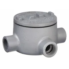 Aluminum T-shaped conduit outlet body with powder-coated finish. Threaded female hubs for use with threaded IMC. Includes cover and O-ring. 18 cu in body capacity. Suitable for hazardous locations. Complies with CSA C22.2 No. 25.