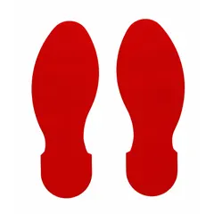 This footprint-shaped floor marking tape is made of solid red vinyl with a thickness of 50 mil. Each piece measures 3 1/2 inches by 10 inches and has no printed legend. Supplied in a 10-pack, it is used to designate safety zones, walkways, or standing areas in industrial facilities.