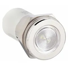 This LED indicator pilot light features a white flush head and a 16 mm panel mounting hole diameter. It provides a clear visual status signal for industrial control panels and machinery. Electrical connection is via 0.11 male quick disconnect terminals.