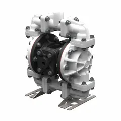 Air-operated double diaphragm pump with PVDF housing and seat, 1/2 in NPT connections, and Santoprene check valves. Delivers up to 14.3 gpm. Suitable for transferring corrosive fluids in chemical processing, plating, and wastewater treatment applications.