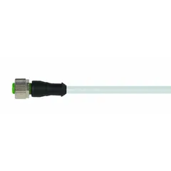 Single-ended cordset with M12 female straight connector on one end and bare wire on the other. Features 4 pins, 22 AWG wire, gray PVC jacket, 3 m cable length, rated 4 A max current and IP66K protection. Suitable for connecting sensors or actuators in flexing applications requiring water resistance.