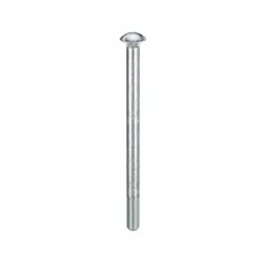 Square neck carriage bolt, 10 inches long, with 5/8"-11 thread. Made from Grade 2 steel with zinc-plated finish. The square neck prevents rotation during tightening, suitable for fastening wood to metal or wood to wood in construction and machinery assembly.