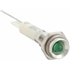 Green LED pilot light with protruding head for 6 mm panel mounting hole. Electrical connection via lead for soldering. Used as a visual status indicator on industrial control panels and machinery.