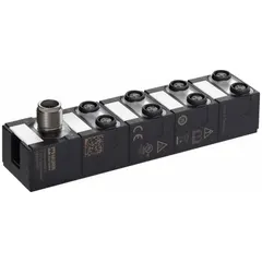 This IO-Link hub provides 8 digital inputs and 8 output ports via 3-pole A-coded M8 female connectors. It operates at 24V DC and is rated IP68 for use in harsh industrial environments. The hub supports COM3 communication at 230.4 kbit/s, enabling decentralized I/O connectivity for sensors and actuators.
