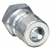 Steel hydraulic quick-connect coupling plug for ISO B Series systems. Features 3/4"-14 thread size, 106 lpm max flow rate, and nitrile seal. Used in fluid power systems for rapid connection and disconnection of hydraulic lines in industrial machinery and mobile equipment