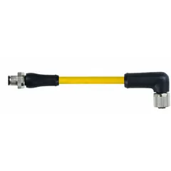 Double-ended cordset with M12 male straight connector on one end and M12 female right-angle connector on the other. Features 4 pins, 16 AWG wire, and a 3 m yellow TPE jacket. Rated IP66K for protection against dust and high-pressure water jets. Suitable for heavy-duty industrial applications requiring reliable signal or power transmission.