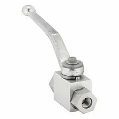 Two-position, two-way hydraulic ball valve with 1/4 in SAE O-Ring Boss female port connections. Features Nitrile ball and shaft seals, 4.53 in handle, non-lockable. Used for on/off flow control in hydraulic systems.