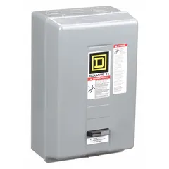 Enclosed non-reversing magnetic motor starter for starting and stopping three-phase motors. NEMA Size 2, 45 A, 3-pole, with 110/120V AC coil and screw clamp terminals. Requires three melting alloy thermal units (not included). Suitable for industrial applications such as pumps, fans, and conveyors.