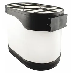 Oblong, channel-flow engine air filter with cellulose/paper media. Designed for use in Massey Ferguson vehicles to trap airborne contaminants. Suitable for agricultural and industrial equipment requiring round/oval air filters.