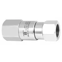 This nickel-plated C38500 brass rotating joint transfers air from a stationary supply line into rotating machinery. It has a single passage, a 3/8 in stationary port, and a maximum speed of 30 RPM. Typical applications include reels, spindles, and indexing tables requiring one air line