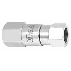 This nickel-plated C38500 brass rotating joint transfers air from a stationary supply line into rotating machinery. It has a single passage, a 3/8 in stationary port, and a maximum speed of 30 RPM. Typical applications include reels, spindles, and indexing tables requiring one air line.
