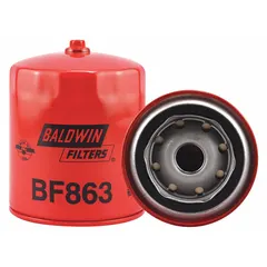 Cellulose media spin-on fuel filter with 3 11/16 in outside diameter and 13/16"-18 thread size. Includes integral gasket. Used in diesel engine fuel systems for buses and agricultural equipment.