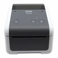 The BROTHER TD4520DN is a direct thermal desktop printer from the TD 4520 series. It prints at 6 in/sec with a maximum width of 4.27 in, features tear-off dispensing for label removal, and is controlled via push buttons. Connectivity is wired RS232C. Typical applications include barcode labeling, asset tracking, and shipping tags