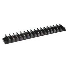 This 16-pole surface mount barrier strip accepts wire sizes from 22 AWG to 10 AWG and is rated for a maximum current of 30 A. It is used for organizing and terminating wiring in control panels, junction boxes, and equipment. No cover is included.