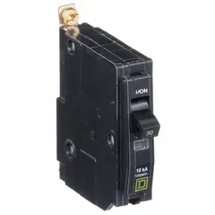Single-pole bolt-on miniature circuit breaker rated 30 A at 120/240V AC, with a maximum interrupting rating of 10 kA at 120/240V AC. Suitable for overcurrent protection in branch circuits of lighting, appliance, and power distribution systems when installed in compatible panelboards.