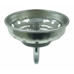 This sink drain strainer is made of stainless steel with a silver finish. It has a push-and-twist connection type and an overall height of 2 inches. Designed for sink drain applications, it helps catch debris while allowing water to flow.
