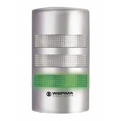 Three-tier tower light assembly with green, red, and yellow light tiers for visual status indication. Operates on 24V AC/DC supply. Overall height 195 mm. No sounder tier. Used on production lines, packaging equipment, and automated machinery to signal machine states such as running, fault, or warning.