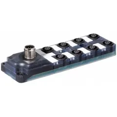 This passive sensor junction block consolidates multiple sensor signals in industrial automation. It features 8 ports with a combination of 4-pole and 5-pole M12 female connectors, PNP electrical design, and IP65 protection for use in harsh environments.