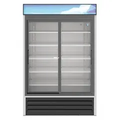 Silver-finished glass door merchandiser with sliding doors and 5 adjustable shelves. Uses R-290 refrigerant. Suitable for commercial display and storage of chilled beverages and perishable items in retail and foodservice environments.