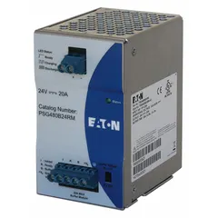 Single-phase DIN Rail mount DC power supply with a rated output power of 480 W and output current of 2.5 A at 35 V DC. Features a single-stage design and an aluminum housing. Suitable for powering industrial control panels, automation systems, and process instrumentation in factory-floor environments.
